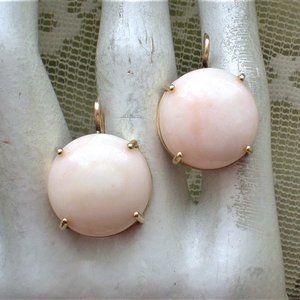 LARGE Vintage 14K Yellow Gold 19MM Angel Skin White Pink Coral Dangle EARRINGS